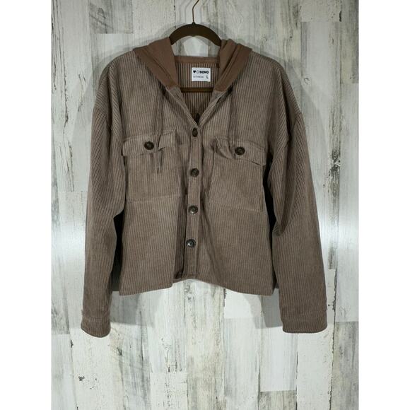 Ci Sono Cropped Jacket Hoodie Size Large Corduroy Taupe Light Brown Chest Pocket - Picture 1 of 7